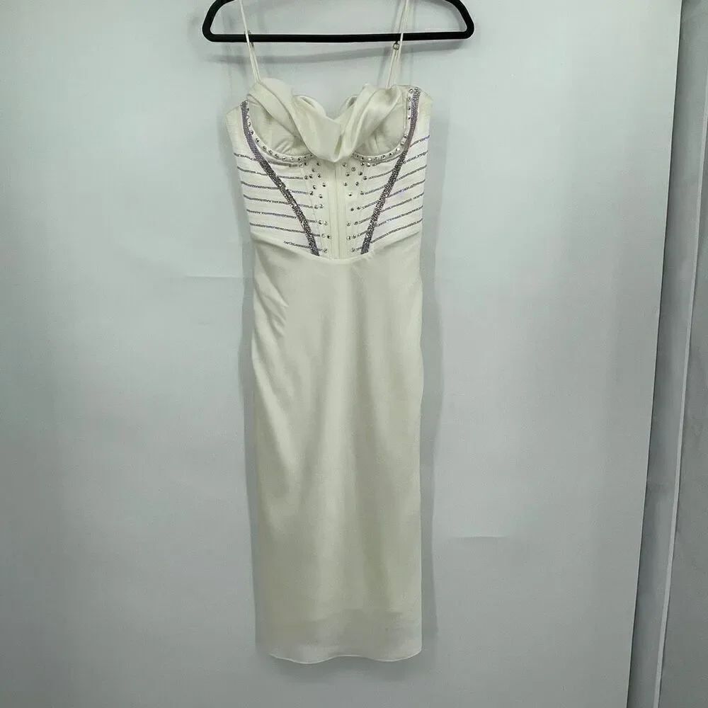 House of CB Cream Myrna Crystal Satin Corset Cowl Neck Slip Midi Dress Small
